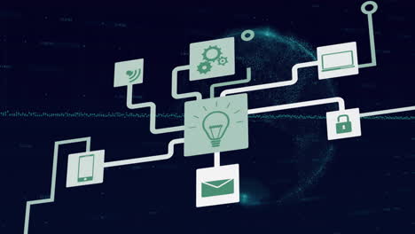 animation of connections with icons and digital data processing over dark background