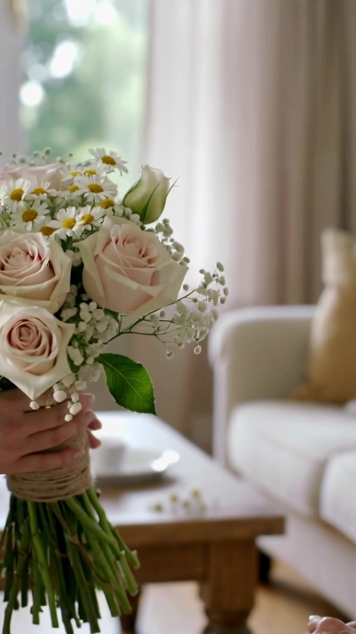 Video verticale: Donna in blu che raccoglie boccioli, sistema rose e gypsophila a casa, per poi regalarli a una persona anziana.