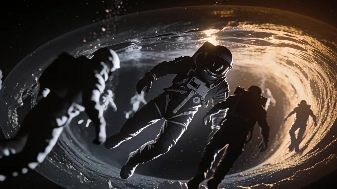 En svævende central astronaut i EVA-dragt trækkes mod en lysende ring af kantlys, mens besætningen kredser omkring.