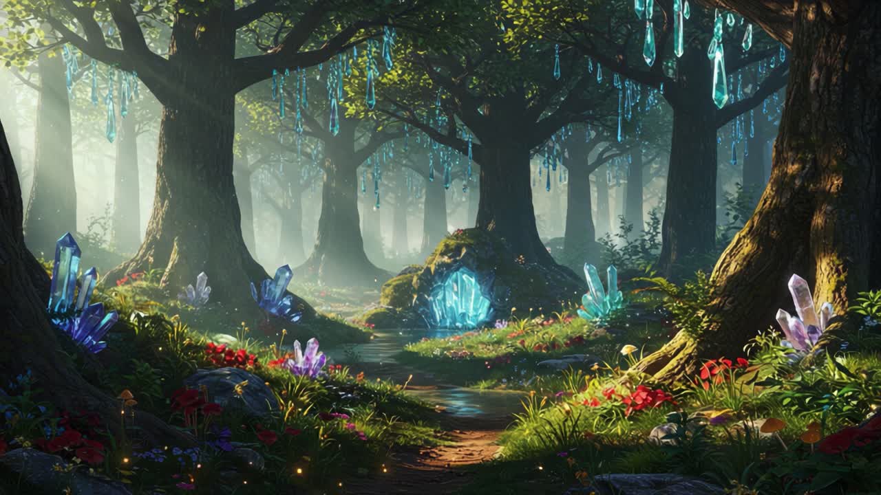 Enchanting Forest Landscape with Glimmering Crystals and Lush Flora Inviting Exploration into a Mystical Realm of Nature's Beauty