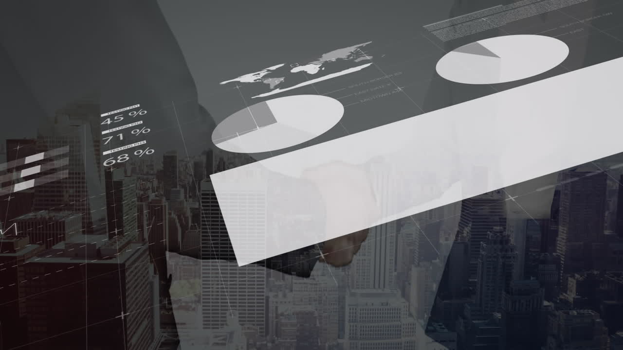 비즈니스맨과 비즈니스맨이 손을 흔드는 중간 섹션에 대한 통계 데이터 처리