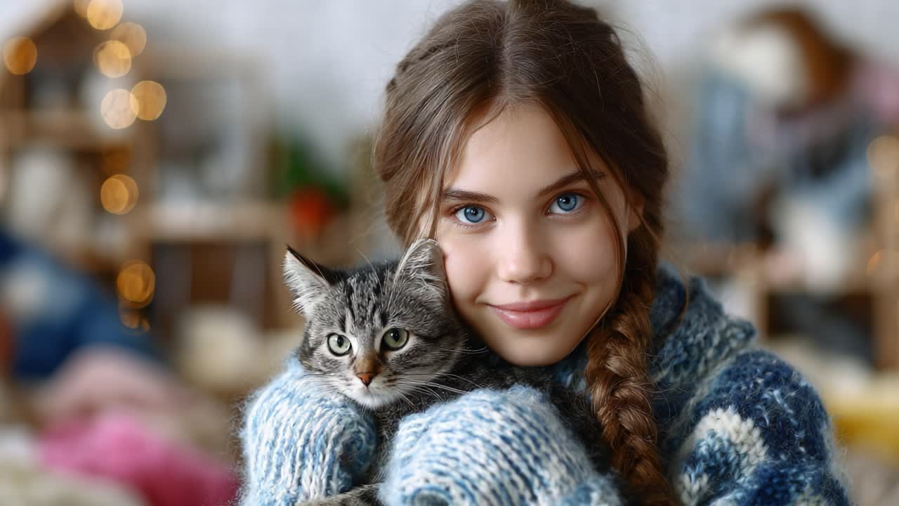 A Cozy Moment: A Young Girl Snuggling with Her Adorable Cat in a Warm Sweater Surrounded by a Charming, Soft Focus Background of Holiday Cheer