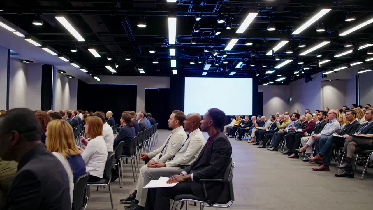 Scatto grandangolare di una sala conferenze piena di partecipanti rivolti verso un grande schermo