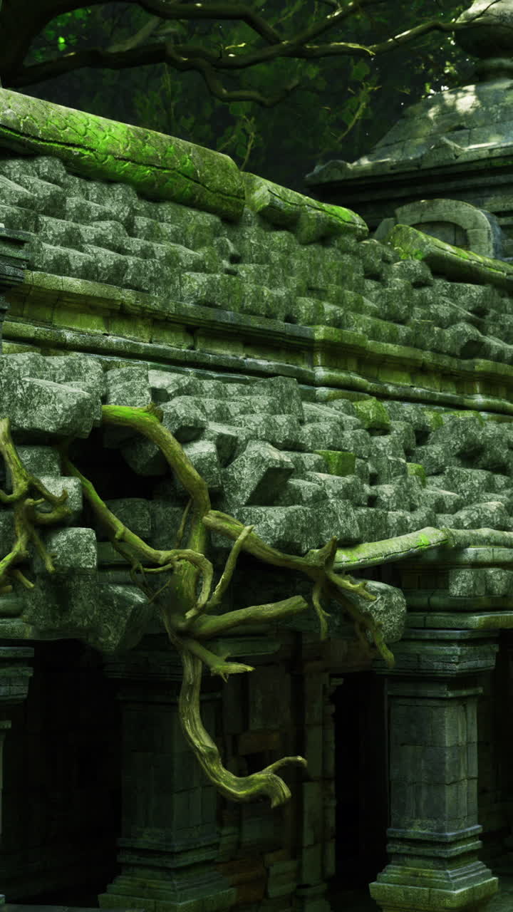 Antiche rovine di un tempio in pietra ricoperte di vegetazione in una fitta foresta