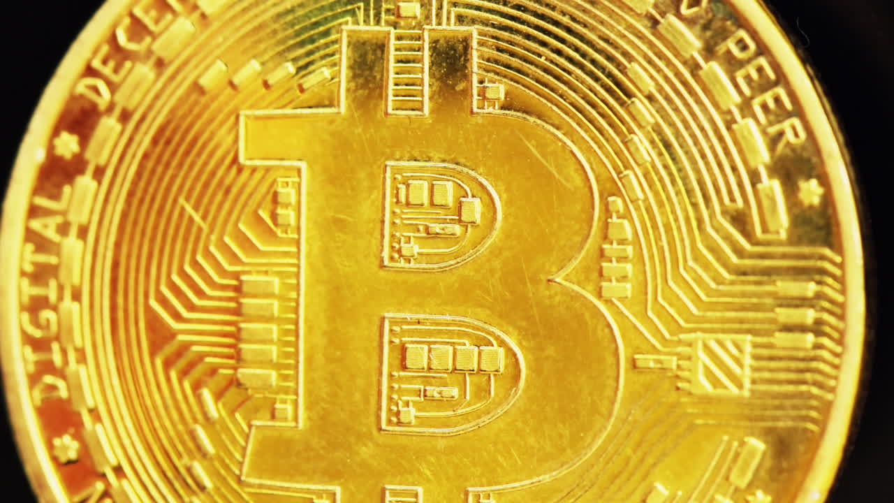 Close up macro golden bitcoin crypto currency blockchain