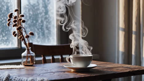 cozy winter morning with a steaming hot drink by the window