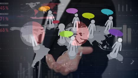 animation of people icons on world map over businessman using interface and data processing