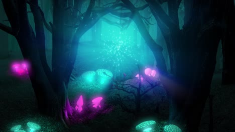 dropping in on a magical night in the enchanted woods, lit up with a blue glow from glittering cloud of tiny excited blue faires, with glowing mushrooms and plants dotted across the forest floor