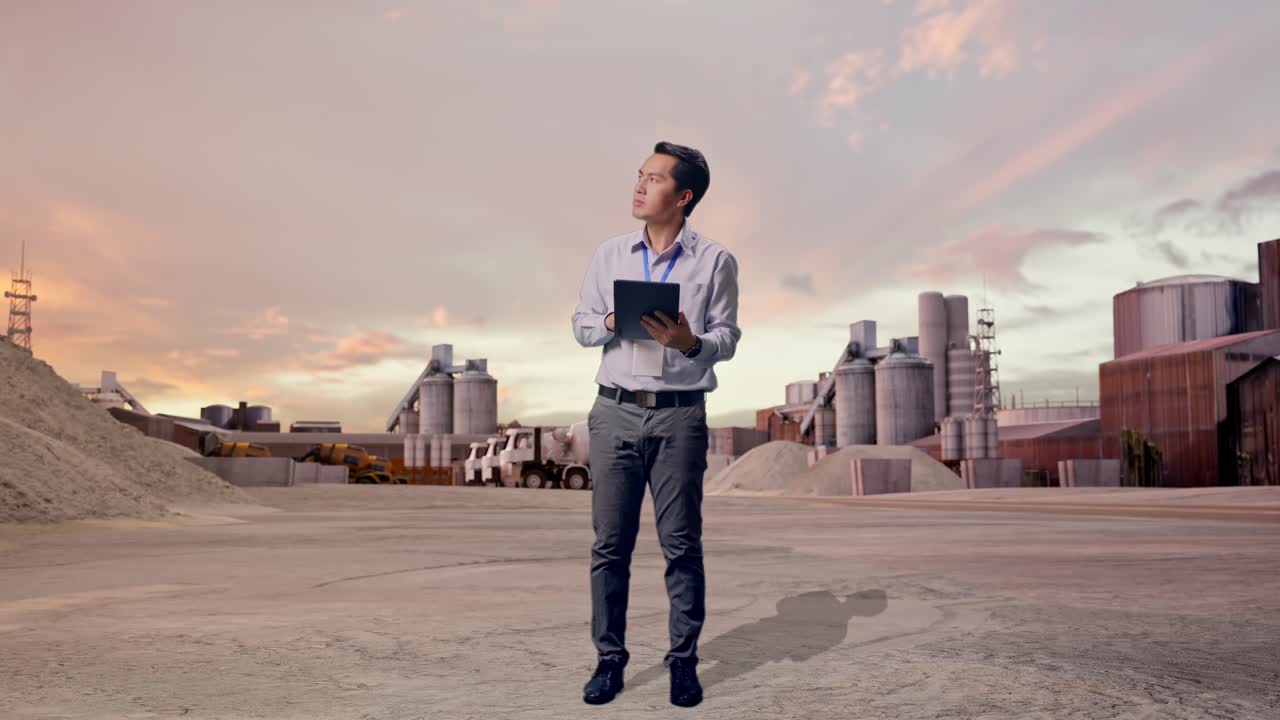 Vista lateral de cuerpo completo de un trabajador profesional asiático en una planta de cemento industrial al atardecer, observando hacia arriba antes de concentrarse en la tableta y continuar escribiendo