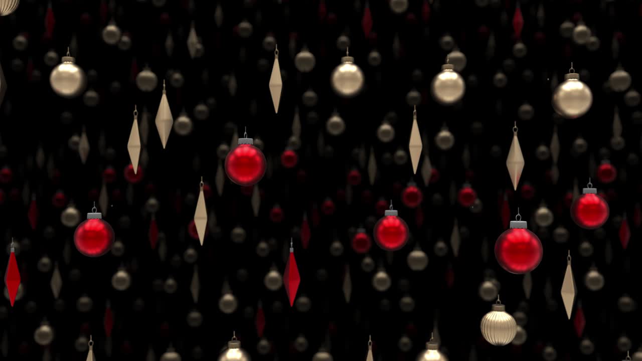 año nuevo y navidad 2021. fondo de navidad abstracto. juguetes de pelota de navidad dorados y rojos. decoración de baubles. concepto de celebración de navidad vj. animación de bucle 3d de 4k