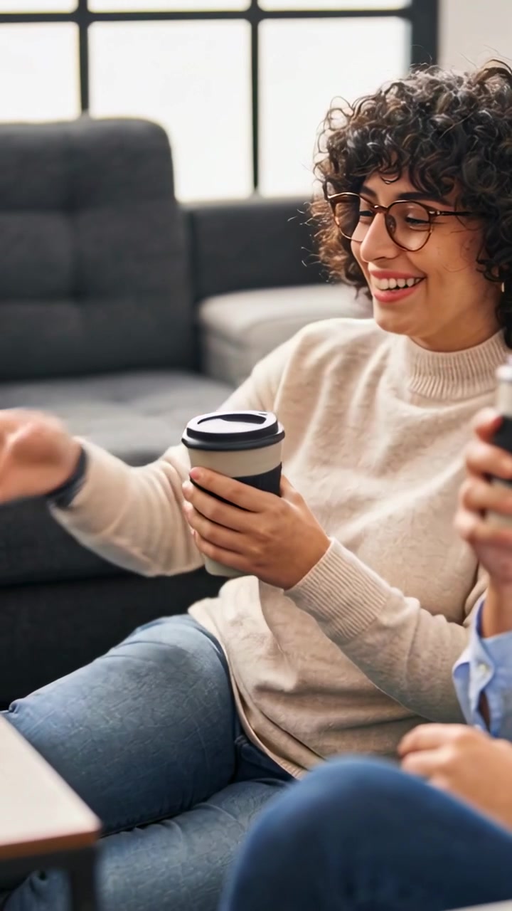 Vertical video: Starting chat woman in knit sweater reaching toward table on sofa holding to-go cup