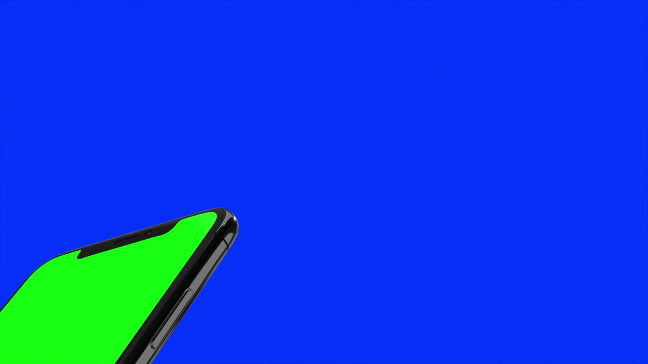 Black smartphone turns on on blue background. Easy customizable green screen. Computer generated image.