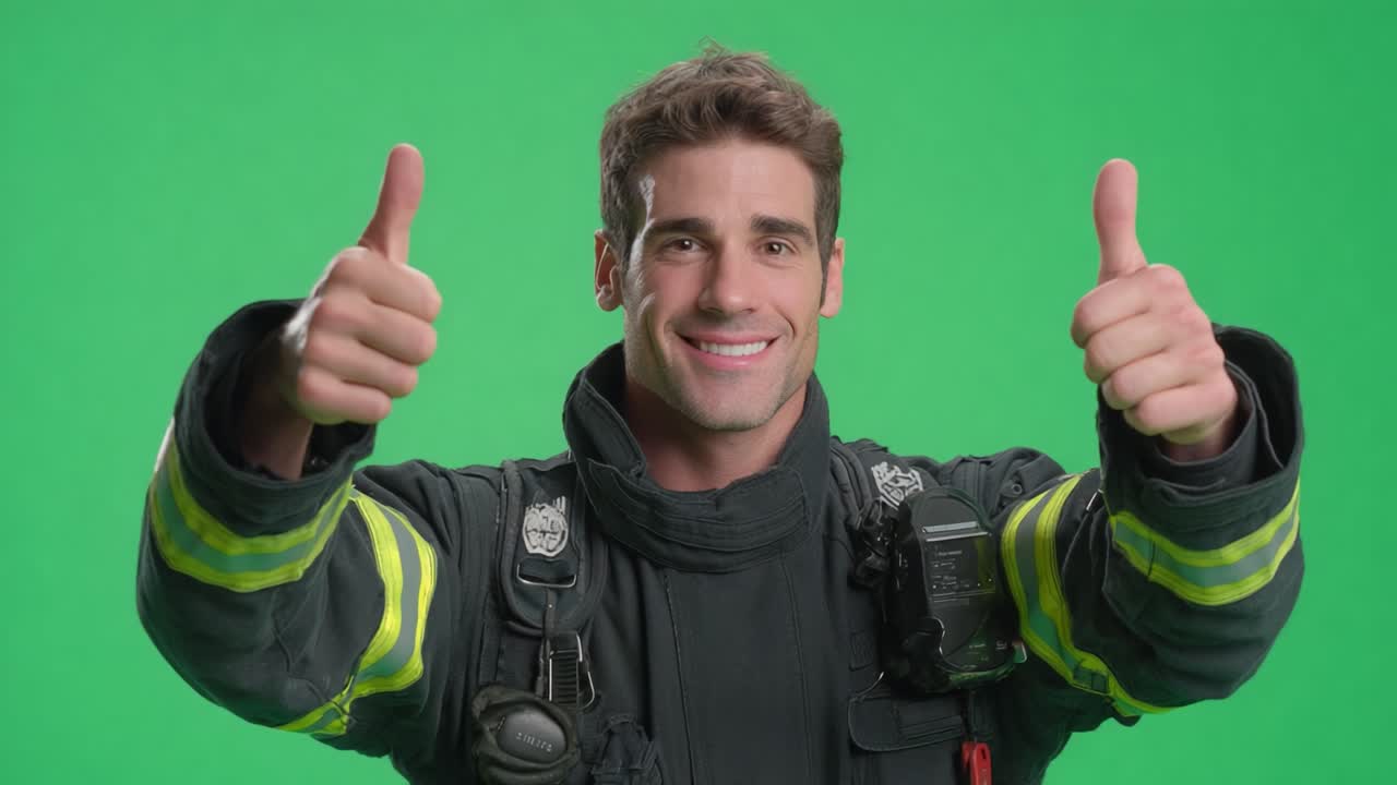 A confident firefighter gives a double thumbs up in front of a bright green background, showcasing enthusiasm and positivity in their heroic profession