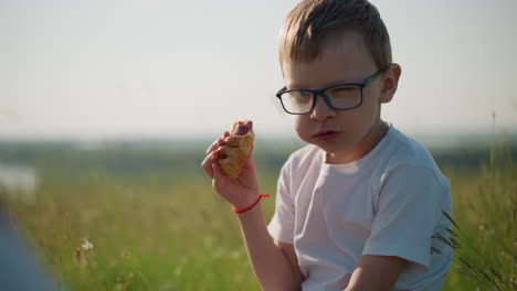 young boy with glasses and a white shirt enjoying a hot dog while sitting in a grassy field, focusing on the peaceful outdoor setting and the child's content expression, perfect for family