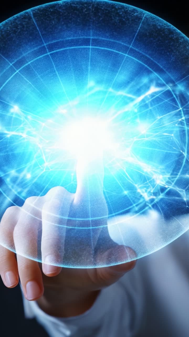 Uma pessoa tocando em uma rede brilhante de energia com o dedo, simbolizando conexão, tecnologia e o poder da inovação em um cenário futurista