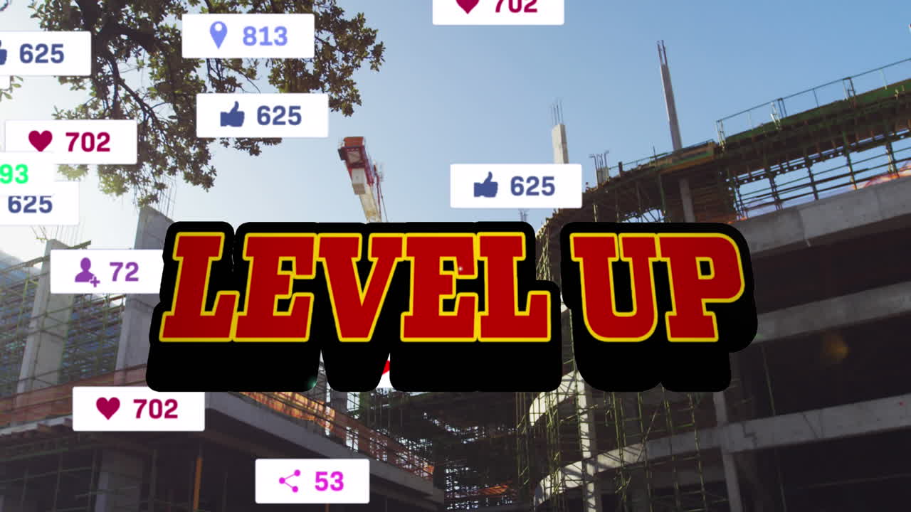 도시 풍경 위에서 성장하는 레벨 업 텍스트와 숫자의 애니메이션