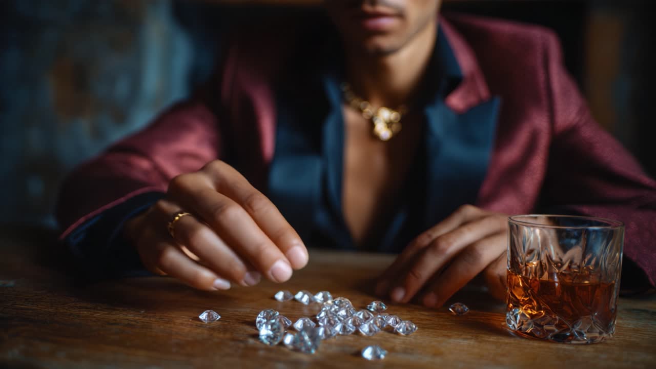 En stilig person i elegant antrekk arrangerer forsiktig glitrende diamanter ved siden av et glass whisky på et rustikt bord, og fanger et øyeblikk av luksus