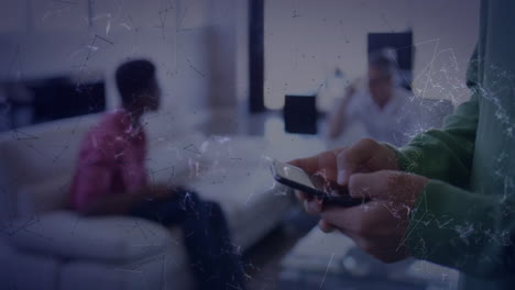 animation of network of connections over biracial man using smartphone