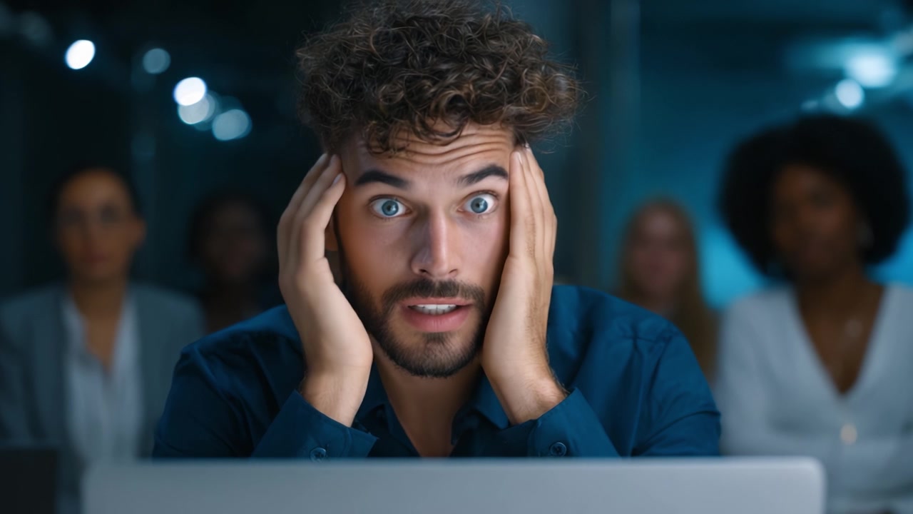 A man experiences a moment of intense focus and concern while working at his laptop, surrounded by an audience in a dimly lit modern environment, showcasing his emotions.