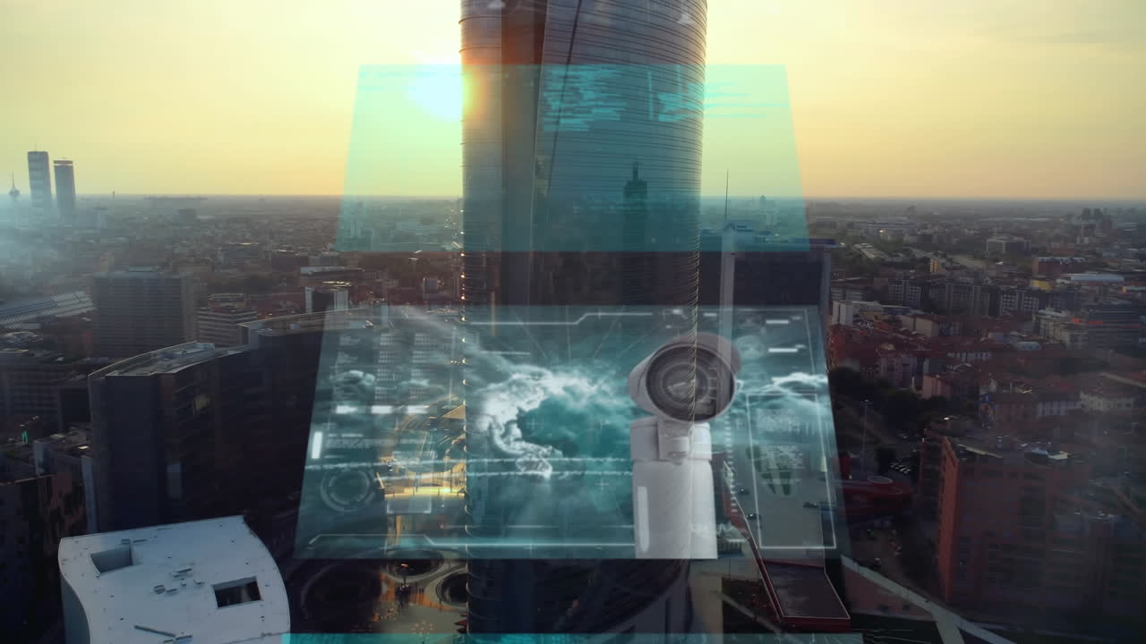 Animation of screens with data processing over cityscape | Premium ...