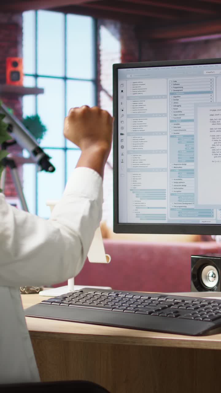 Vertical video Woman happy after finishing work on algorithm scripts