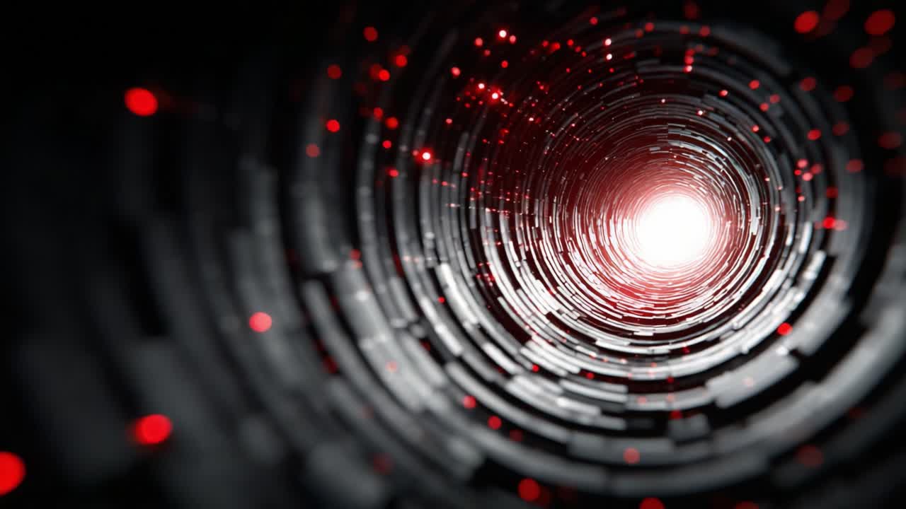A mesmerizing visual of a dark tunnel filled with swirling red particles, drawing the eye towards a brilliant light at the end, creating an intriguing sense of depth and mystery