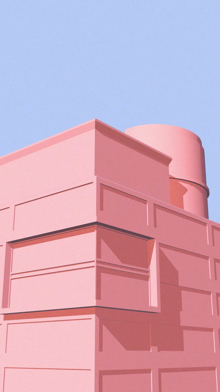 Fachada minimalista de prédio rosa com sombras em movimento