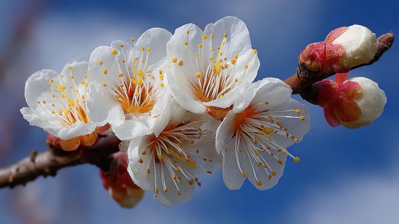 Stunning Close-Up of Blossoming Cherry Flowers in Full Bloom Against a Clear Blue Sky, Showcasing Delicate Petals and Vibrant Stamen in Nature's Springtime Beauty