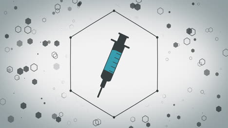 animación del icono de la jeringa sobre hexágonos sobre un fondo blanco