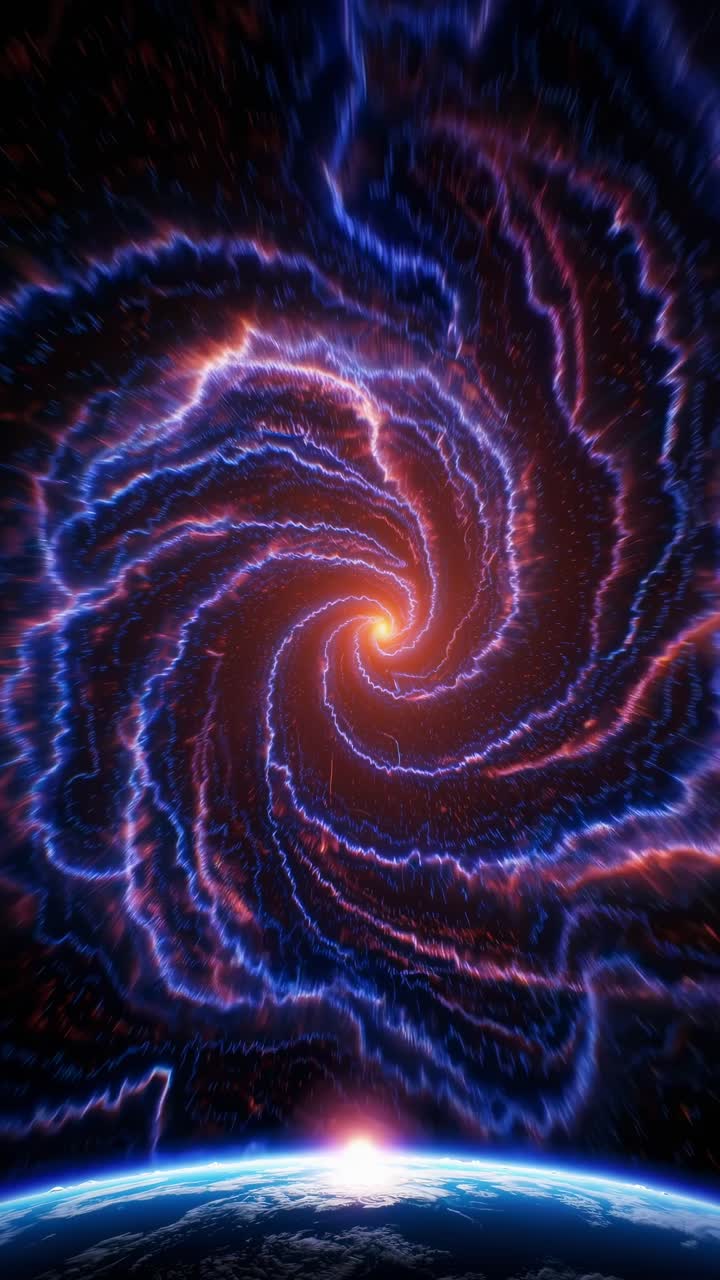A cosmic vortex spirals with electric energy above Earth, captured from a low-angle view