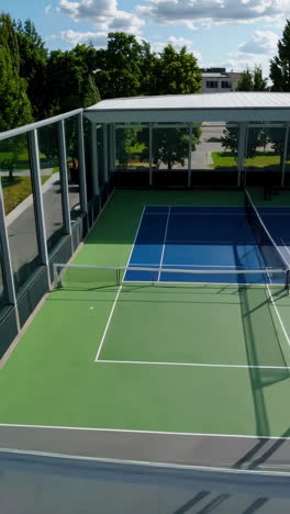 outdoor tennis and pickleball court with glass enclosure