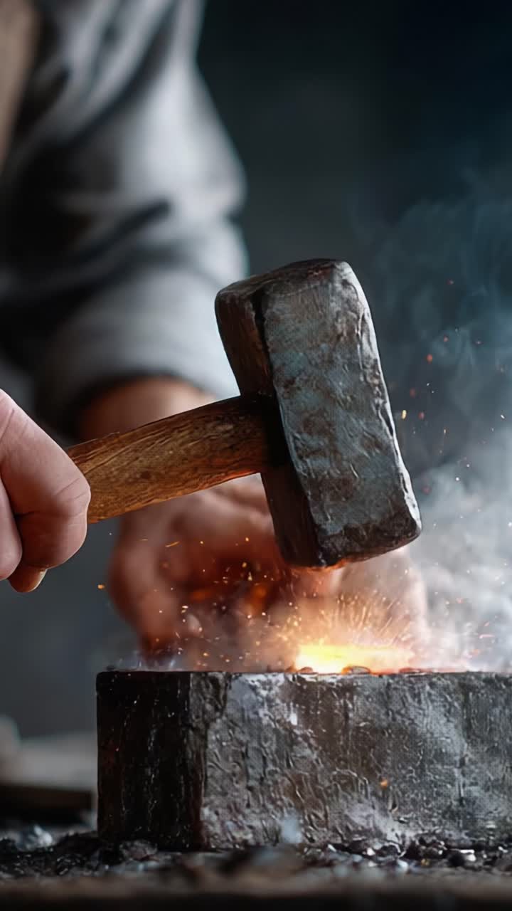Artesanato em ação: um ferreiro habilidoso usando um martelo para moldar metal quente com precisão e arte em um ambiente de forja tradicional