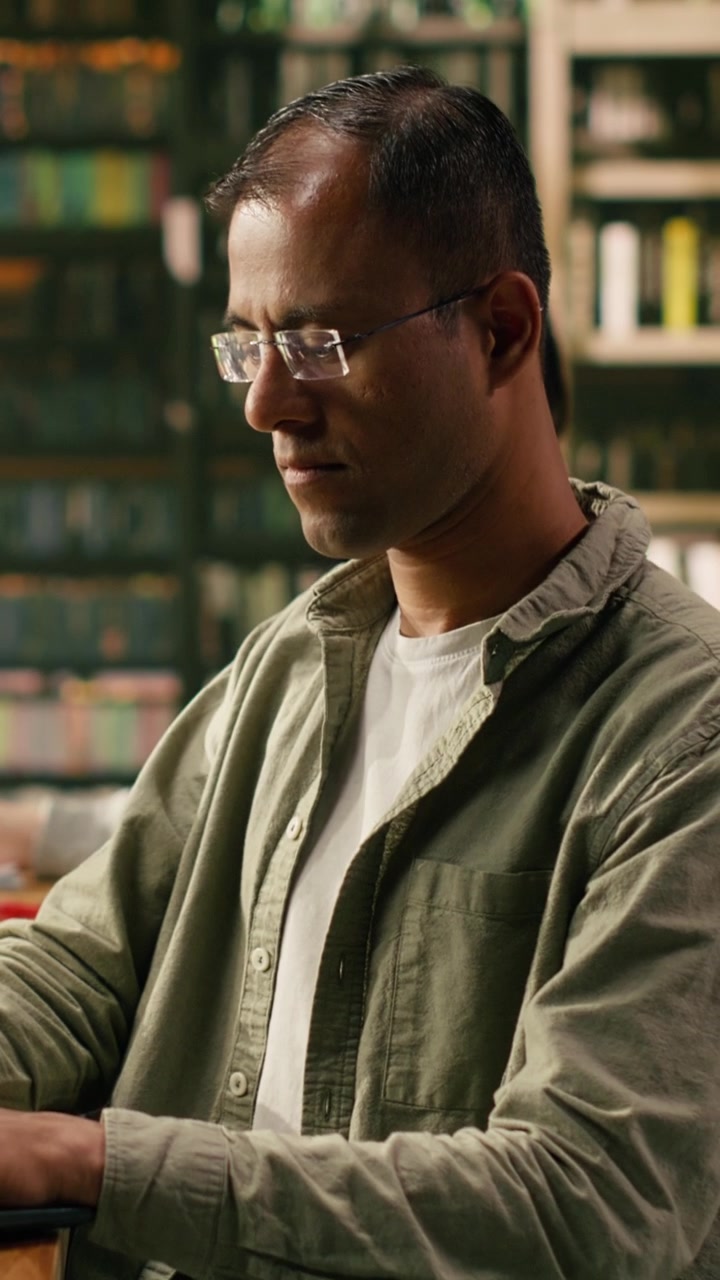 Vertical Video Adult man concentrating on note taking on laptop at wooden library desk