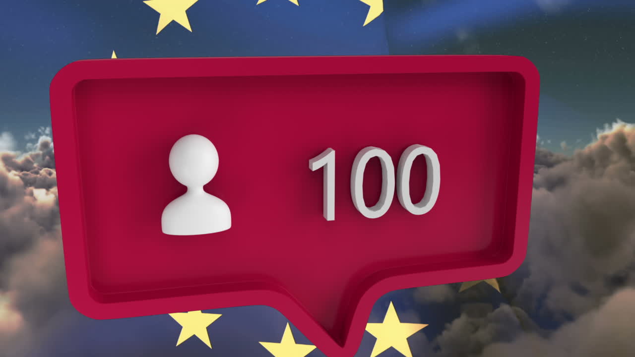 animación de personas icono con números en la burbuja de habla con la bandera de la unión europea