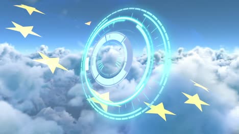 Animation-of-rotating-safe-lock-over-european-union-flag-and-cloudy-blue-sky