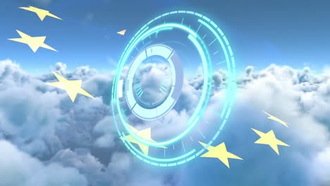 animación de una cerradura de seguridad giratoria sobre la bandera de la unión europea y un cielo azul nublado
