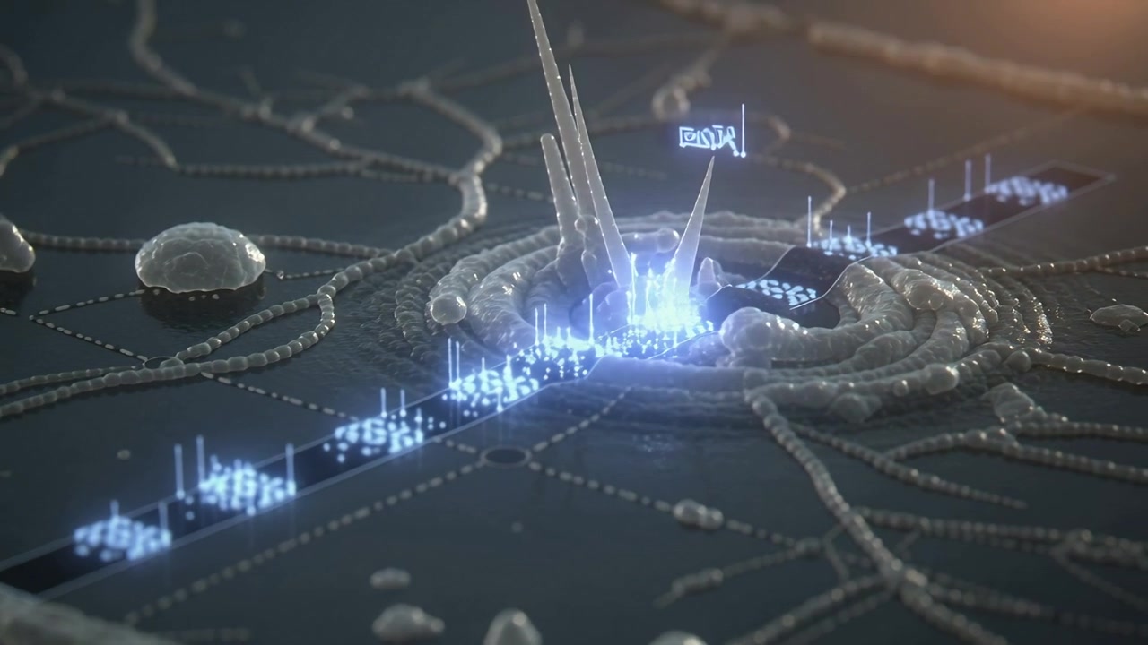Pulsing glowing data bars moving right causing cream mound rippling into spires on circuit panel