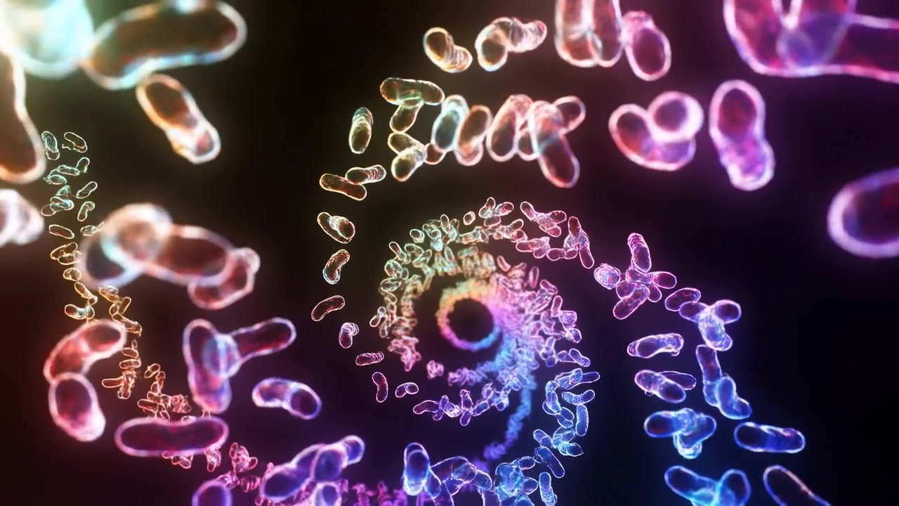 Forme colorate e traslucide di microrganismi creano un motivo a spirale su uno sfondo nero, con luce ciano brillante, rosa, viola e arancione che crea un effetto vivido