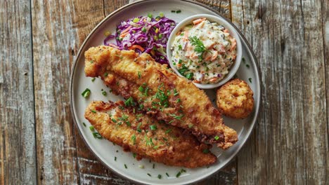 delicious fried fish with coleslaw and side dish on rustic table