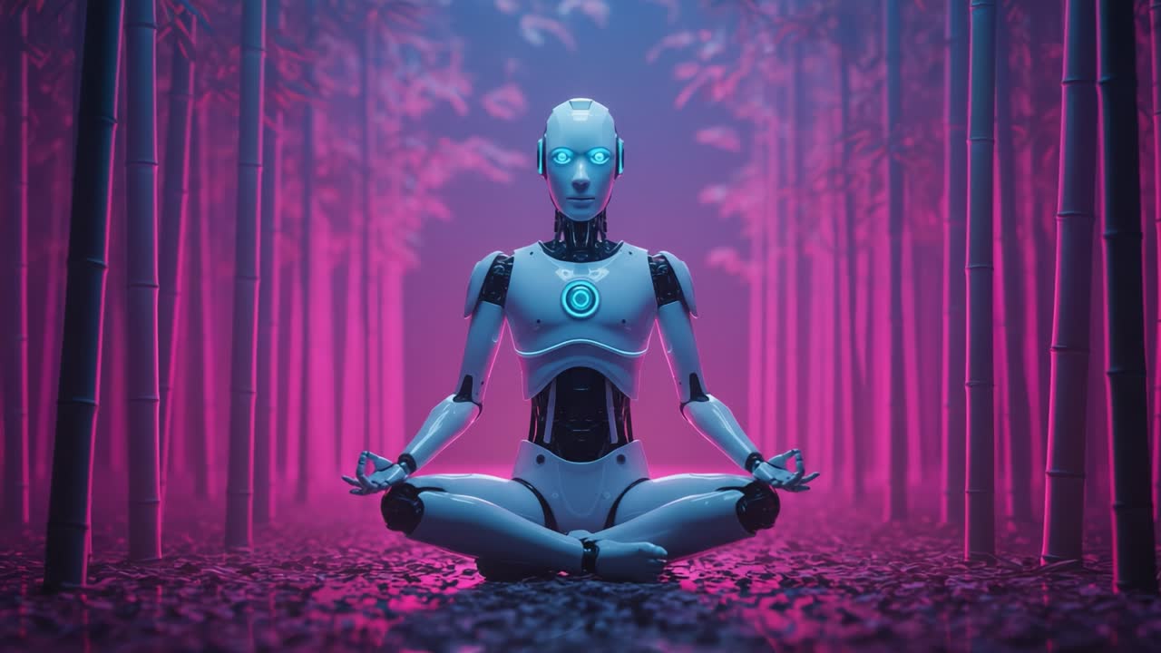 A serene robot meditates in a mystical bamboo forest, illuminated by vibrant purple and blue lights, embodying tranquility amidst a futuristic marvel