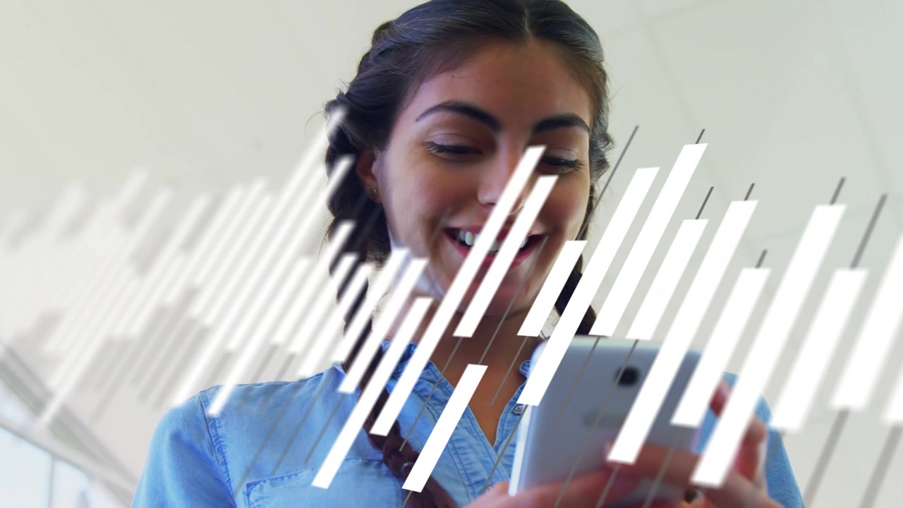 Woman holding smartphone, tapping screen, scrolling for messages in tech scene, bars revealing face