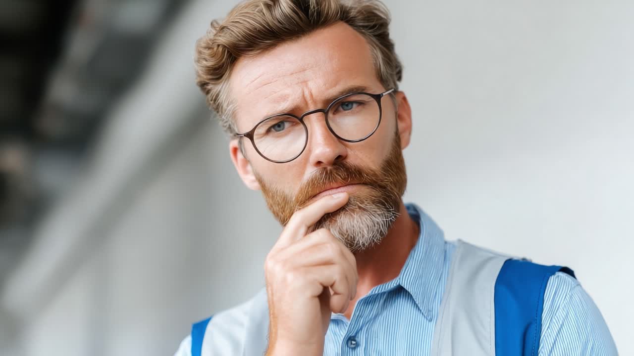 A Thoughtful Individual Ponders Deeply, Finger to Chin, Exuding Intelligence and Contemplation in a Professional Setting