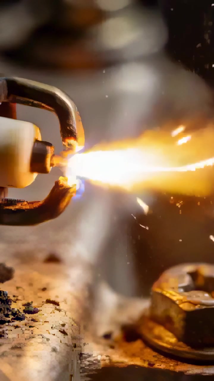 Vertical video: Sparking plug tip with U clamp sending plasma at bench, ejecting sparks, copy space