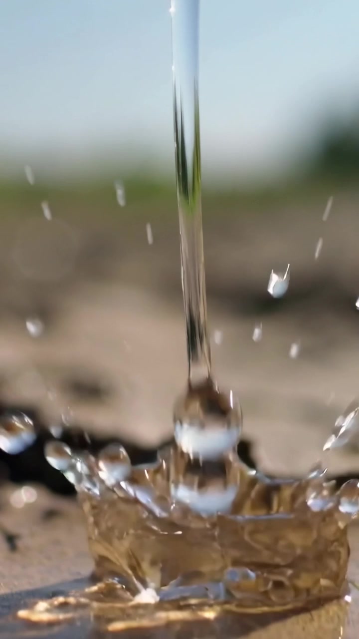 Video verticale: Emettitore nero che gocciola formando una goccia e colpendo una pozzanghera sul terreno, innaffiando le piante.