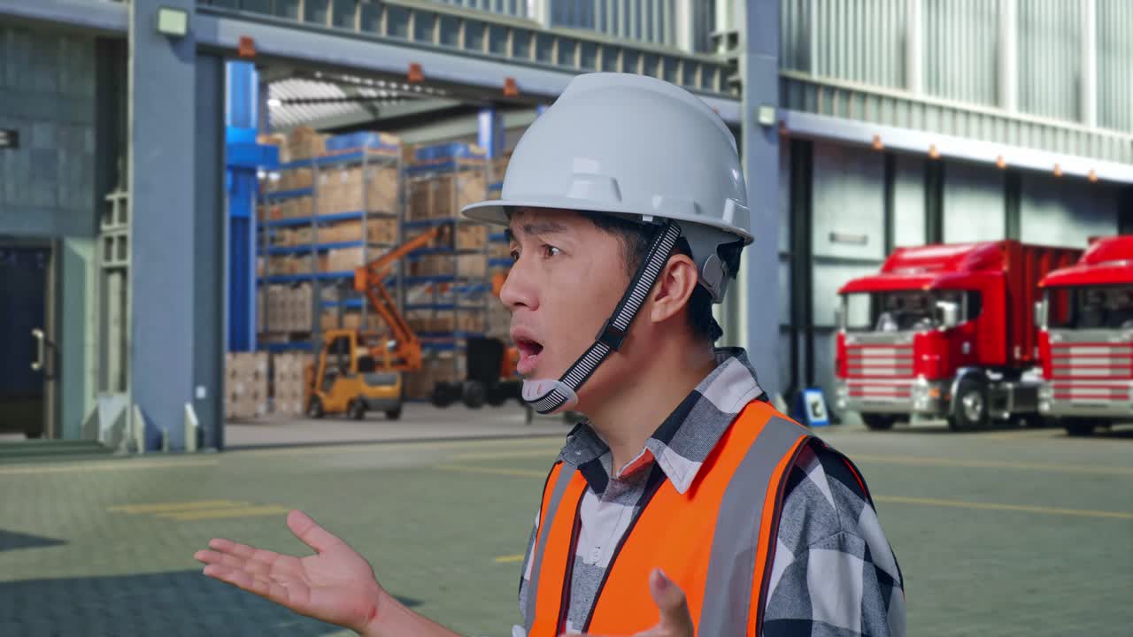 Close Up Side View Of Ondering Asian Male Engineer With Safety Helmet Saying Why Working Doubtfully , Outside of Logistics Distributions Warehouse