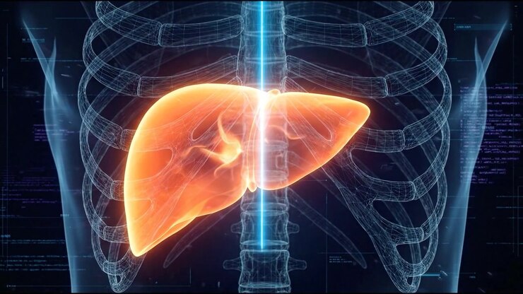 Bright orange liver highlighted inside transparent rib cage and upper torso