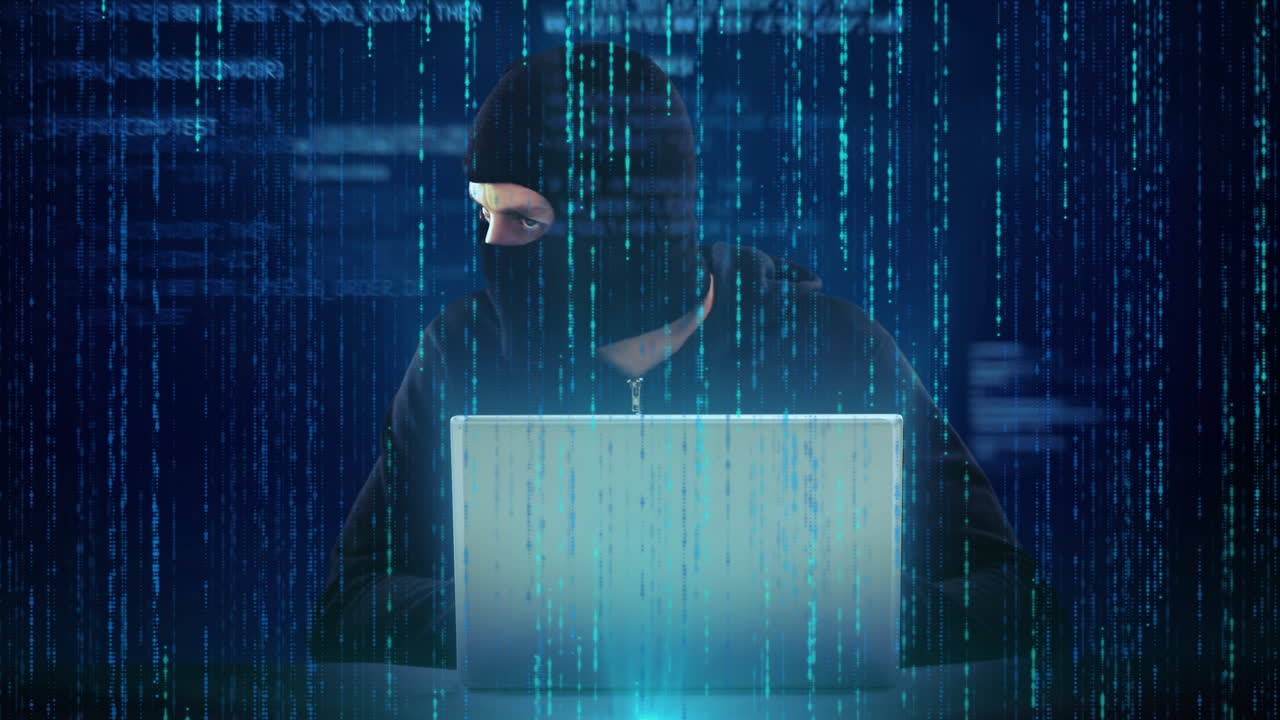 Animation of data processing and caucasian male hacker over blue background