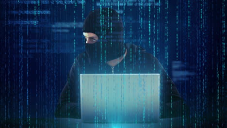 animación de procesamiento de datos y hacker masculino caucásico sobre fondo azul