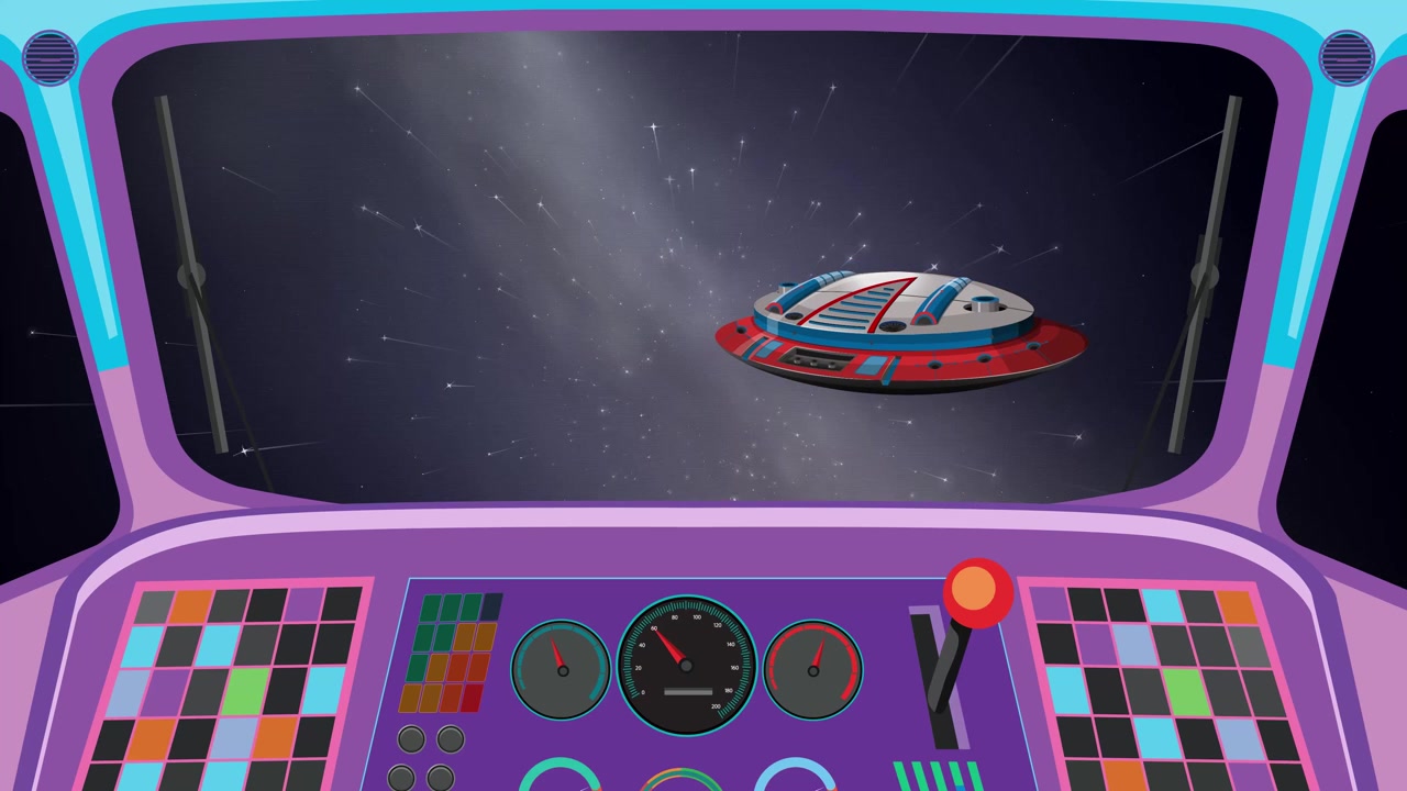 Nave espacial retrô voa passando pelo para-brisa de uma espaçonave com painel de controle retrô colorido no espaço