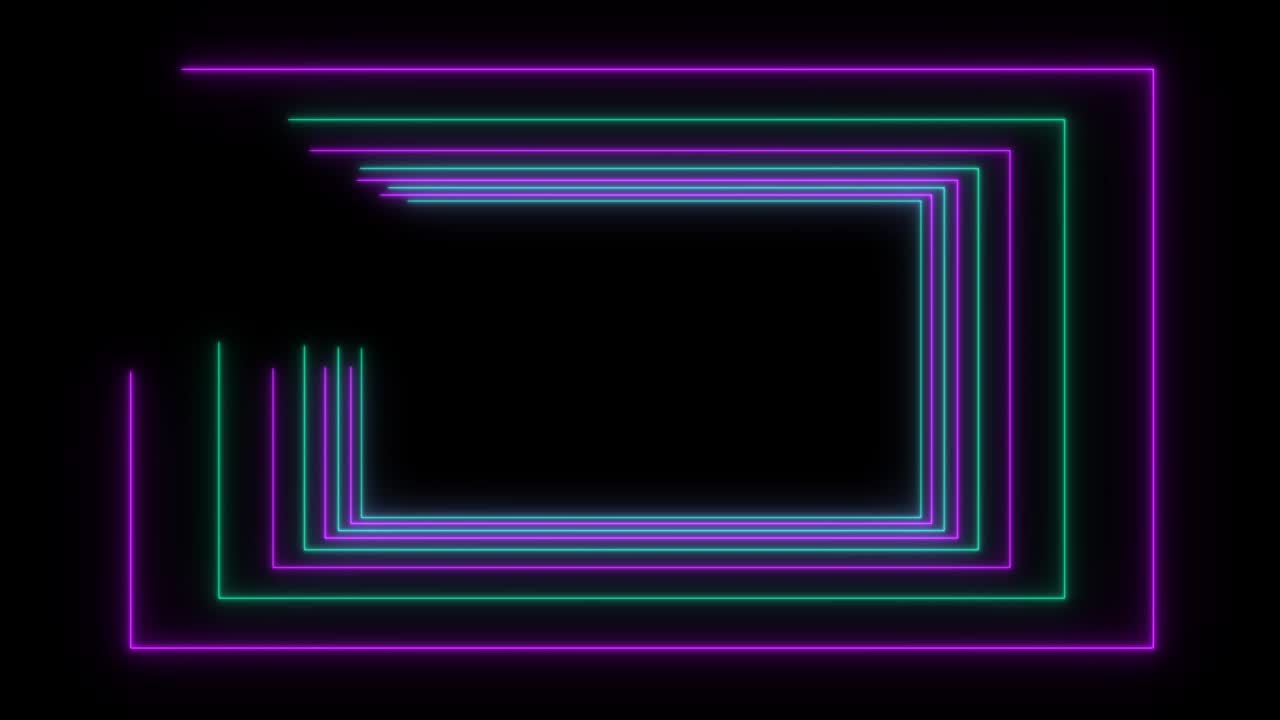 추상적인 스타일의 80년대 sf, 검은색 배경에 빛나는 네온 프레임, 레이저 쇼, 루프 애니메이션, 4k 비디오